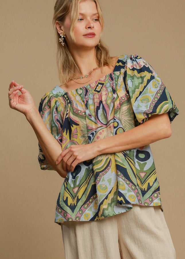 Umgee Full Size Abstract Print Smocked Square Neck Puff Sleeve Blouse