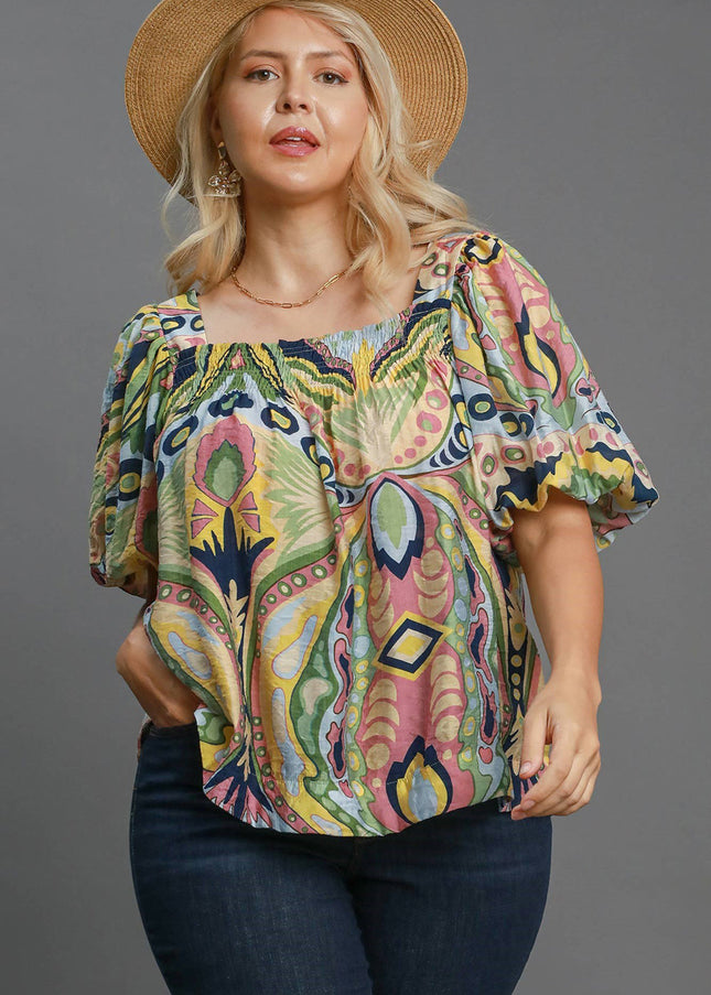 Umgee Full Size Abstract Print Smocked Square Neck Puff Sleeve Blouse