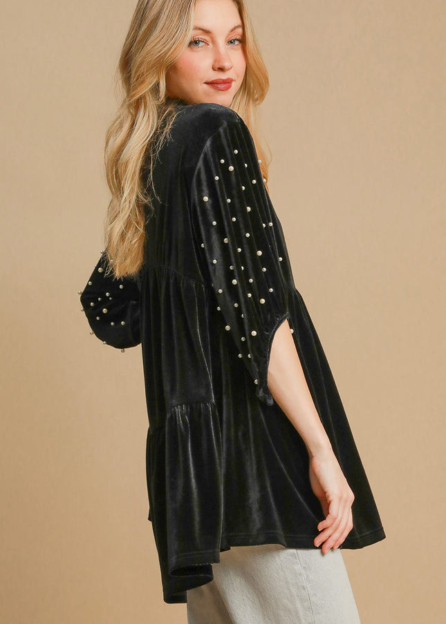 Umgee Pearl Detail Half Sleeve Velvet Babydoll Blouse