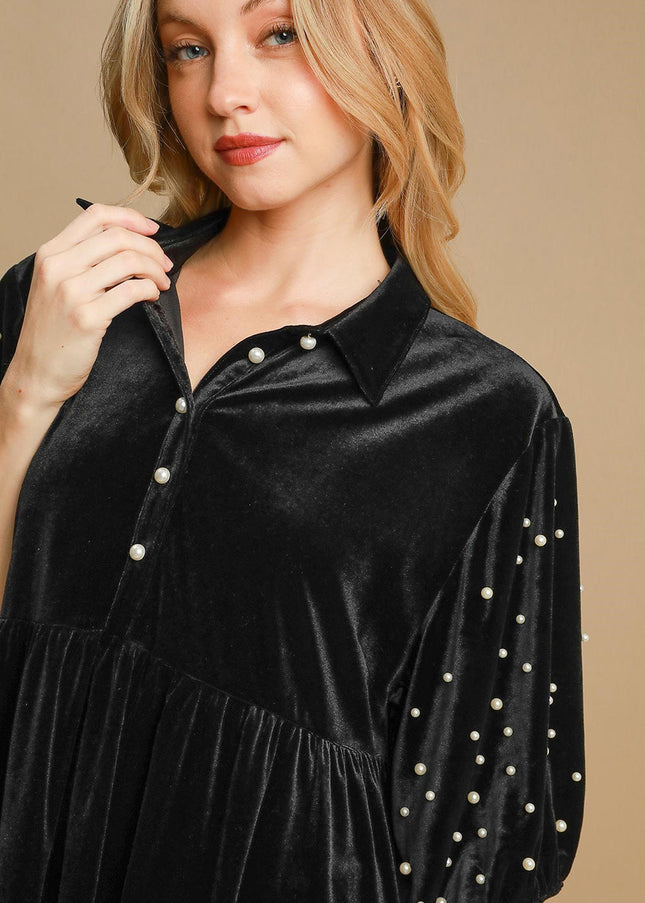 Umgee Pearl Detail Half Sleeve Velvet Babydoll Blouse