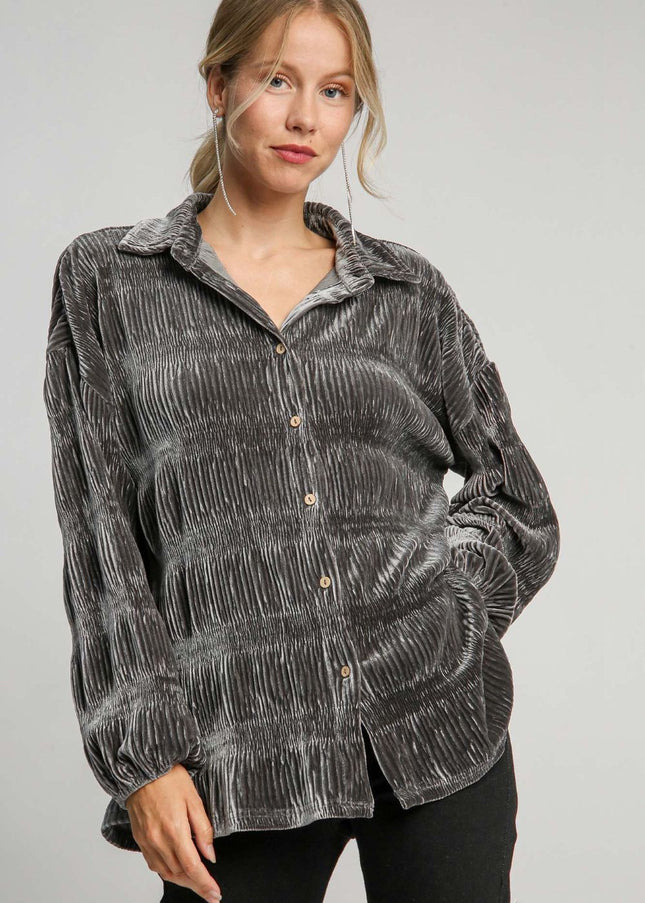 Umgee Ruched Tiered Button Up Shirt