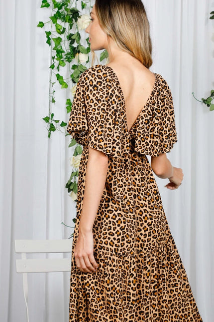 V-Neck Back Animal Printed Tiered Maxi Dress