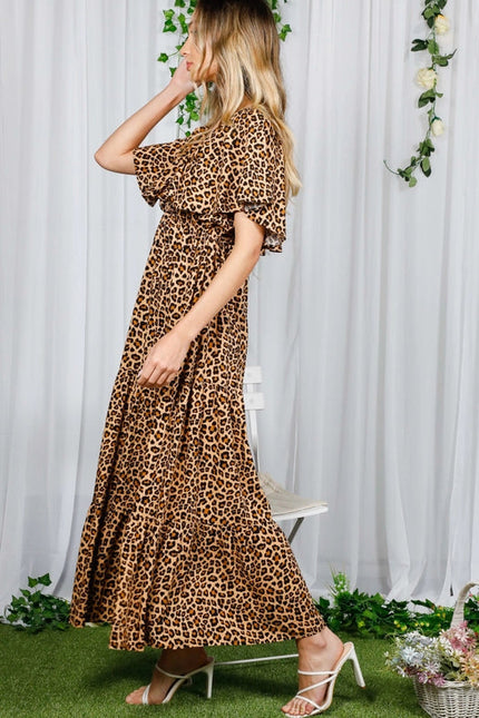 V-Neck Back Animal Printed Tiered Maxi Dress