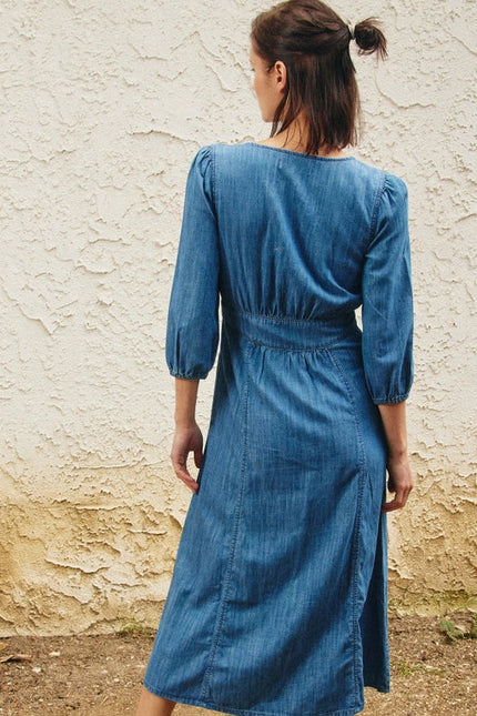 V-Neck Button Down Front Chambray Midi Dress