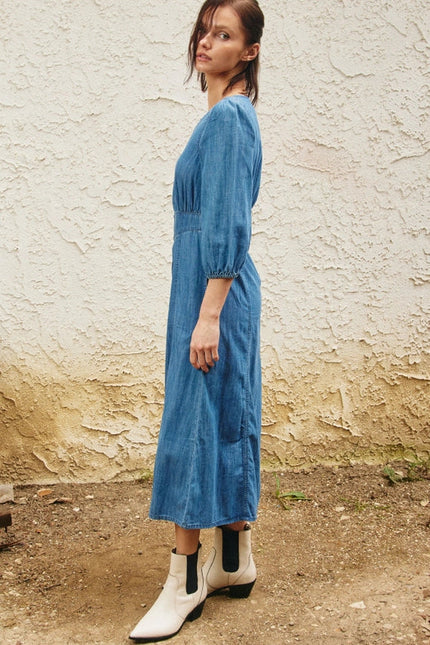 V-Neck Button Down Front Chambray Midi Dress