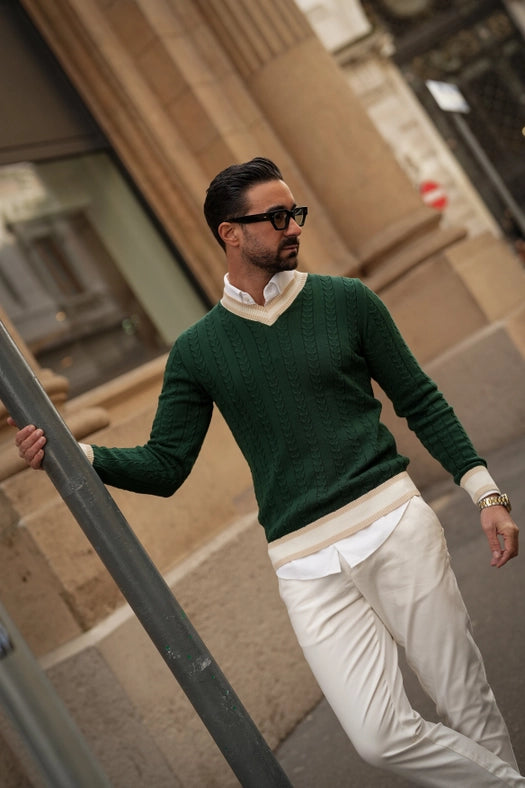 V-Neck Green&Beige&Pearl