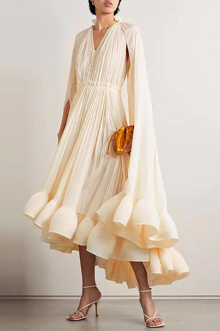 V-Neck Shawl Waist Ruffled Evening Gown