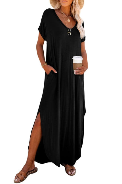 V-Neck Short Sleeve Silt Maxi T-Shirt Dress