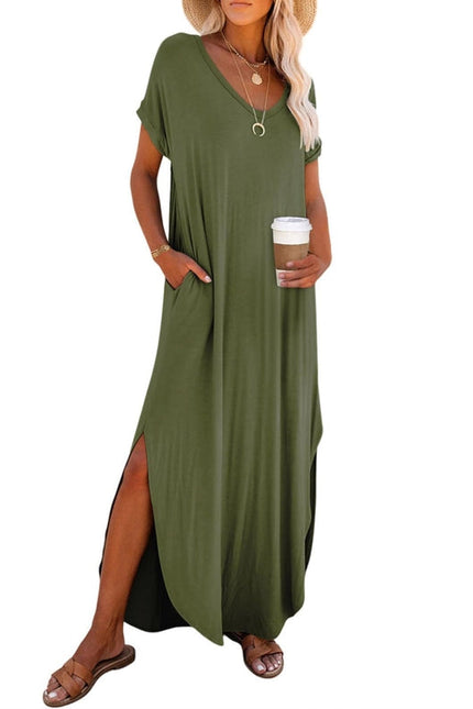 V-Neck Short Sleeve Silt Maxi T-Shirt Dress