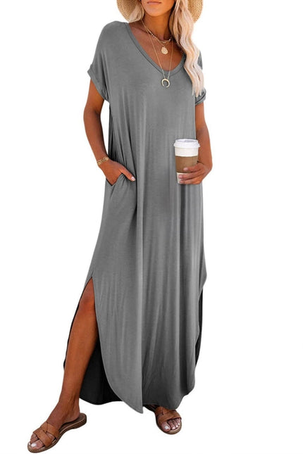 V-Neck Short Sleeve Silt Maxi T-Shirt Dress