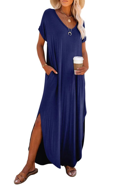 V-Neck Short Sleeve Silt Maxi T-Shirt Dress