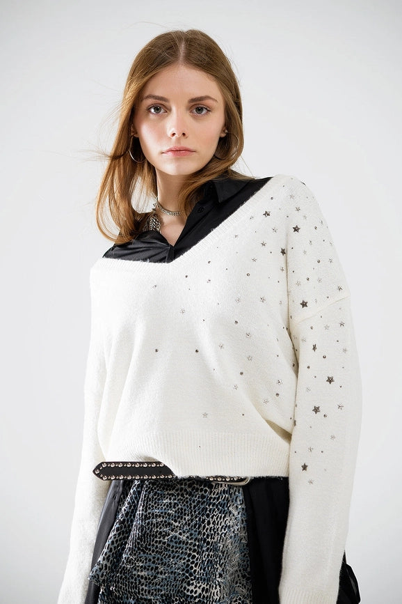 V-Neck Sweater Embellished with Metallic Stars