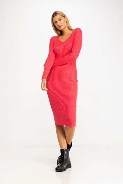 V-neck ribbed knit fitted midi dress