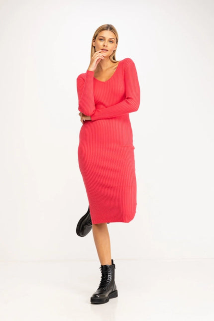 V-neck ribbed knit fitted midi dress