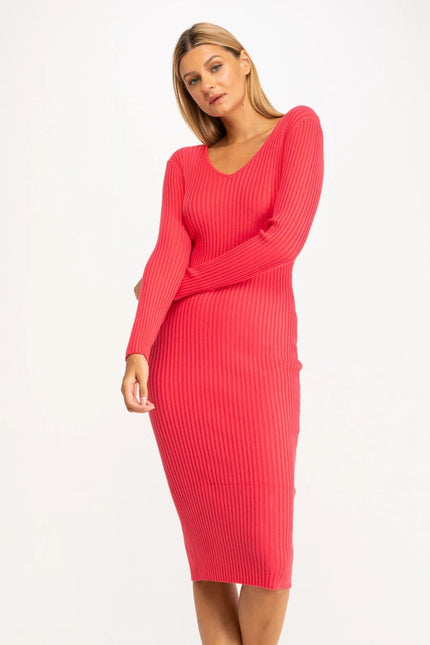 V-neck ribbed knit fitted midi dress