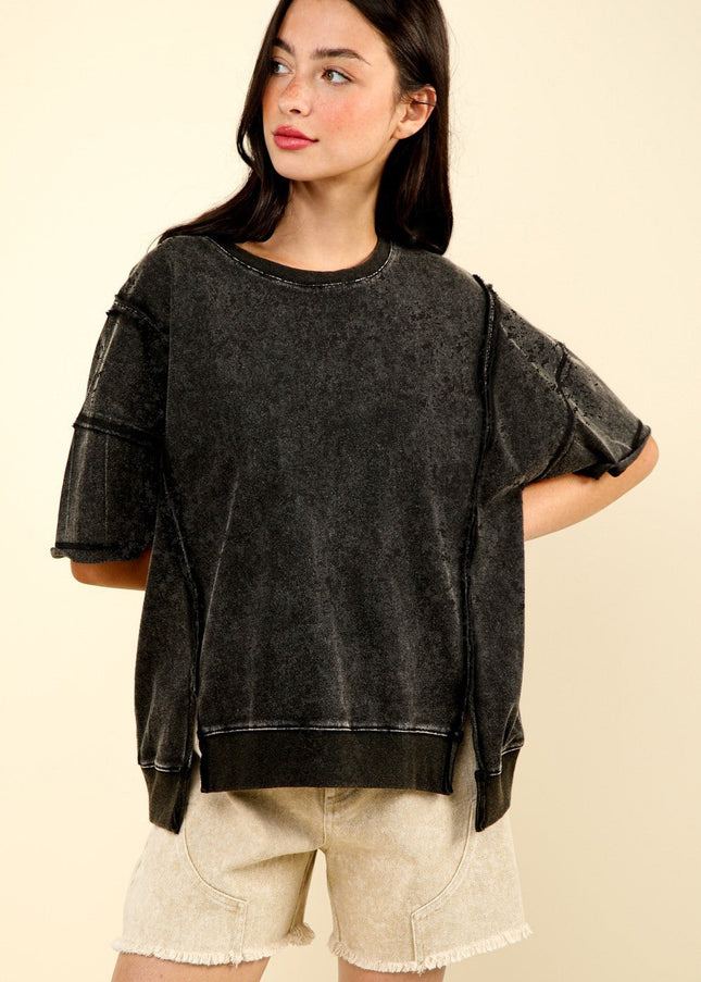 VERY J Round Neck Exposed Seam Slit T-Shirt