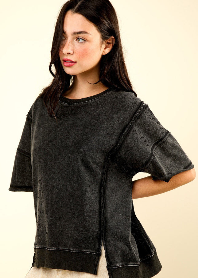 VERY J Round Neck Exposed Seam Slit T-Shirt