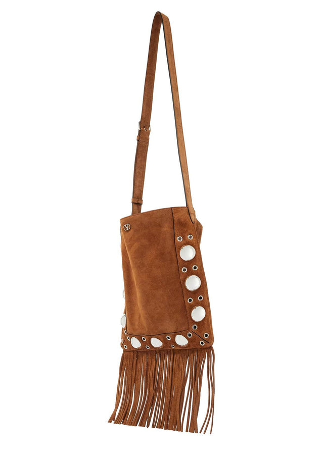 Valentino Garavani brown copper suede crossbody bag with studs and fringe