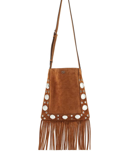 Valentino Garavani brown copper suede crossbody bag with studs and fringe