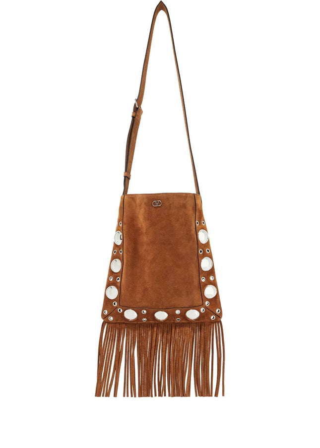 Valentino Garavani brown copper suede crossbody bag with studs and fringe