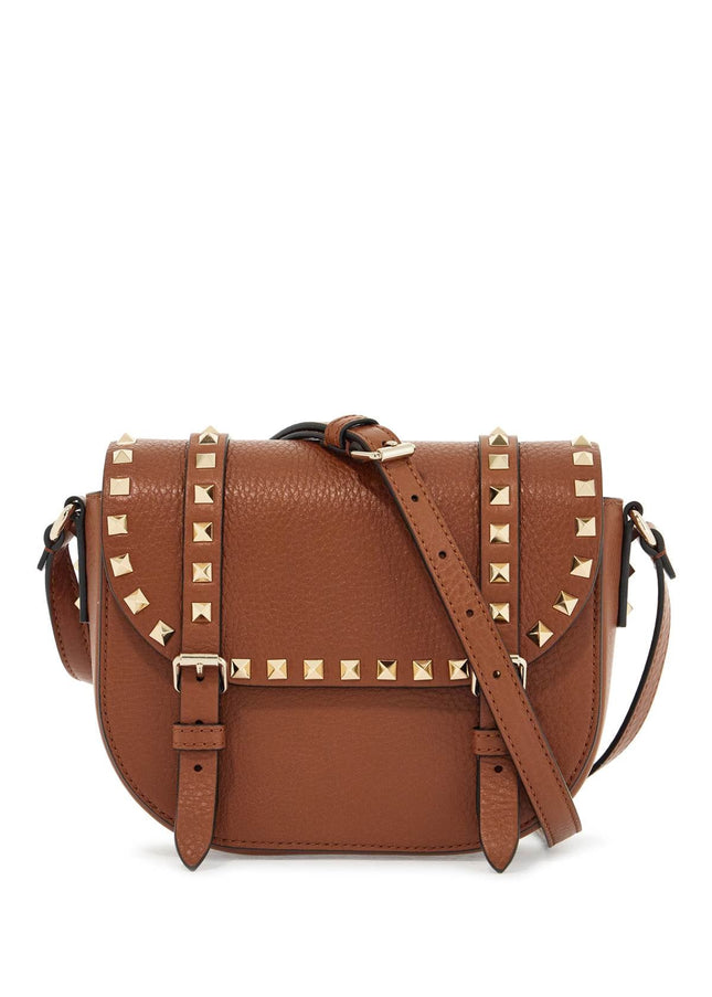 Valentino Garavani small messenger crossbody bag in brown hammered leather with studs