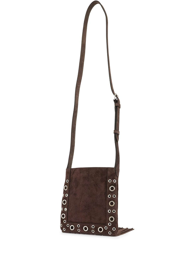 Valentino Garavani small suede crossbody bag in dark brown with studs and fringe