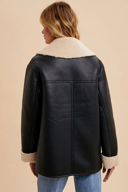 Vegan Faux Leather Shearling Coat BLACK