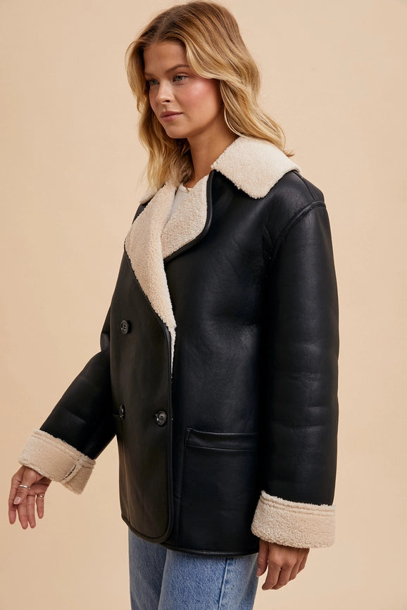 Vegan Faux Leather Shearling Coat BLACK