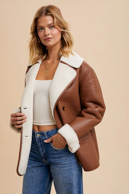 Vegan Faux Leather Shearling Coat CAMEL