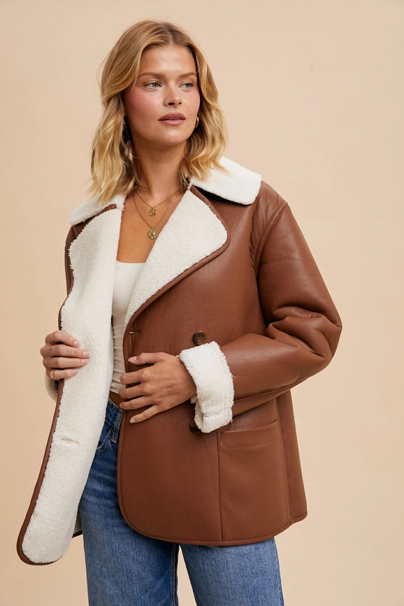 Vegan Faux Leather Shearling Coat CAMEL