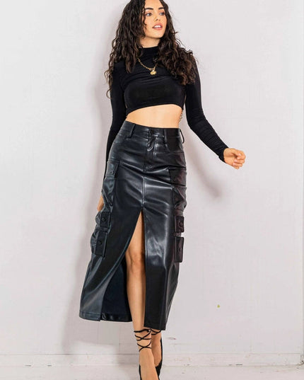 Vegan Leather Cargo Column Skirt