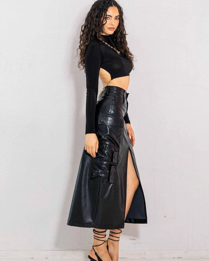 Vegan Leather Cargo Column Skirt