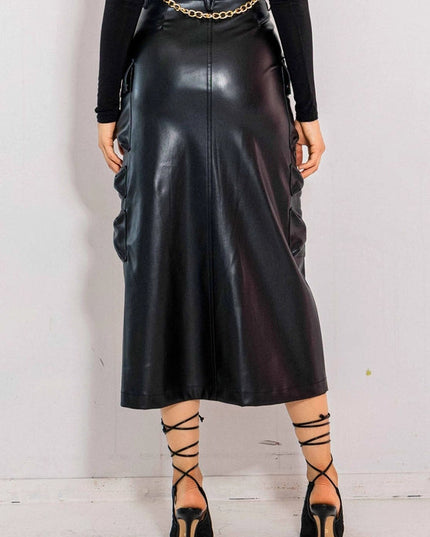 Vegan Leather Cargo Column Skirt