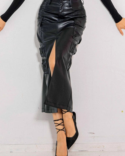 Vegan Leather Cargo Column Skirt