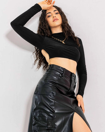 Vegan Leather Cargo Column Skirt