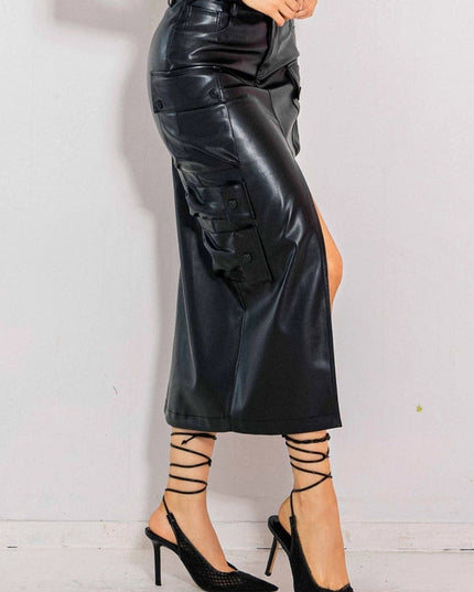 Vegan Leather Cargo Column Skirt