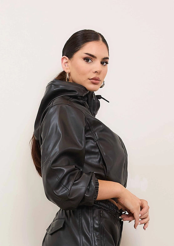 Vegan Leather Hoodie Jacket