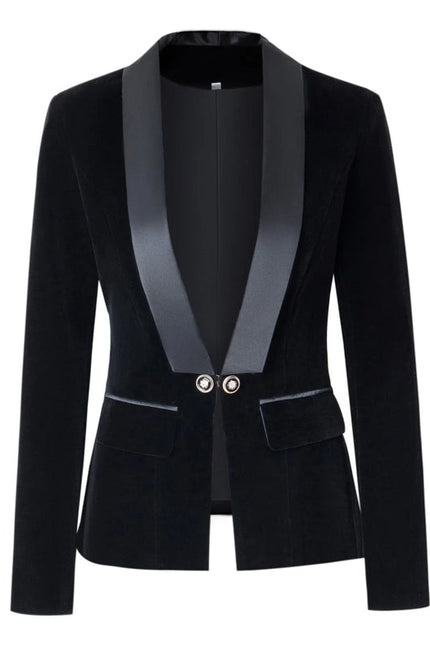 Velvet Blazer V-Neck Suit with Satin Collar Slim Suit Black