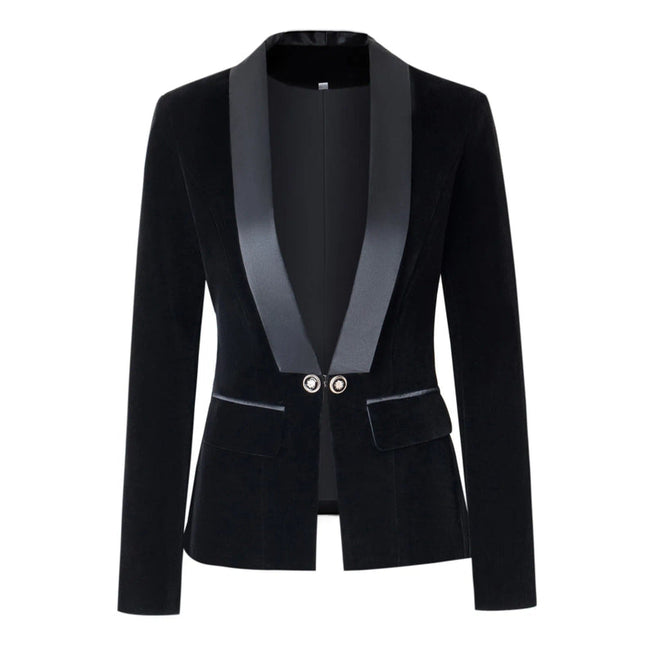 Velvet Blazer V-Neck Suit with Satin Collar Slim Suit Black