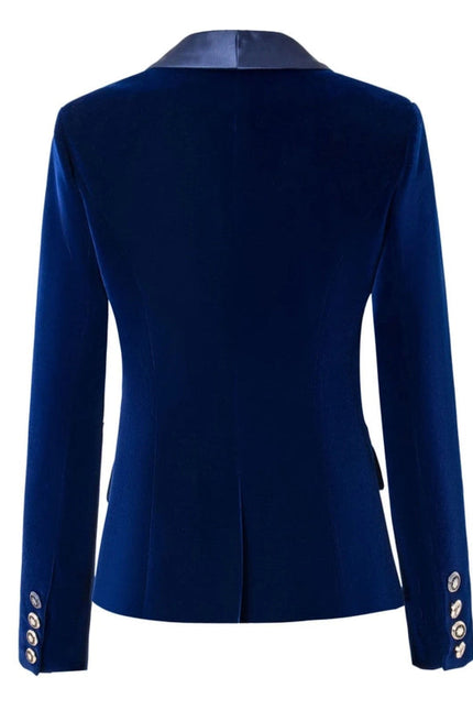 Velvet Blazer V-Neck Suit with Satin Collar Slim Suit Blue