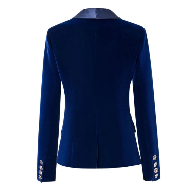 Velvet Blazer V-Neck Suit with Satin Collar Slim Suit Blue