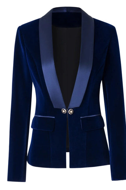 Velvet Blazer V-Neck Suit with Satin Collar Slim Suit Blue