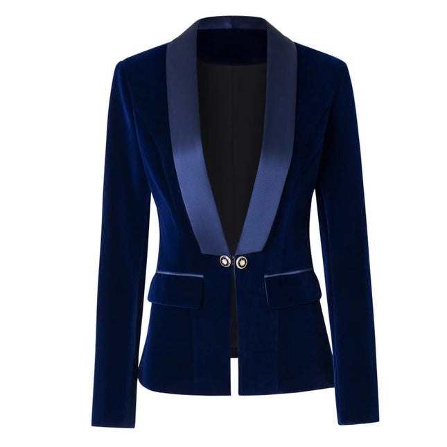 Velvet Blazer V-Neck Suit with Satin Collar Slim Suit Blue