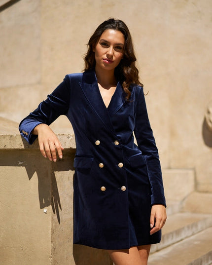 Velvet Double Breasted Jacket Dress Navy