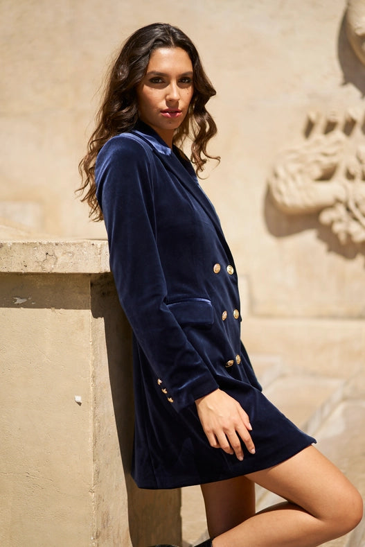 Velvet Double Breasted Jacket Dress Navy