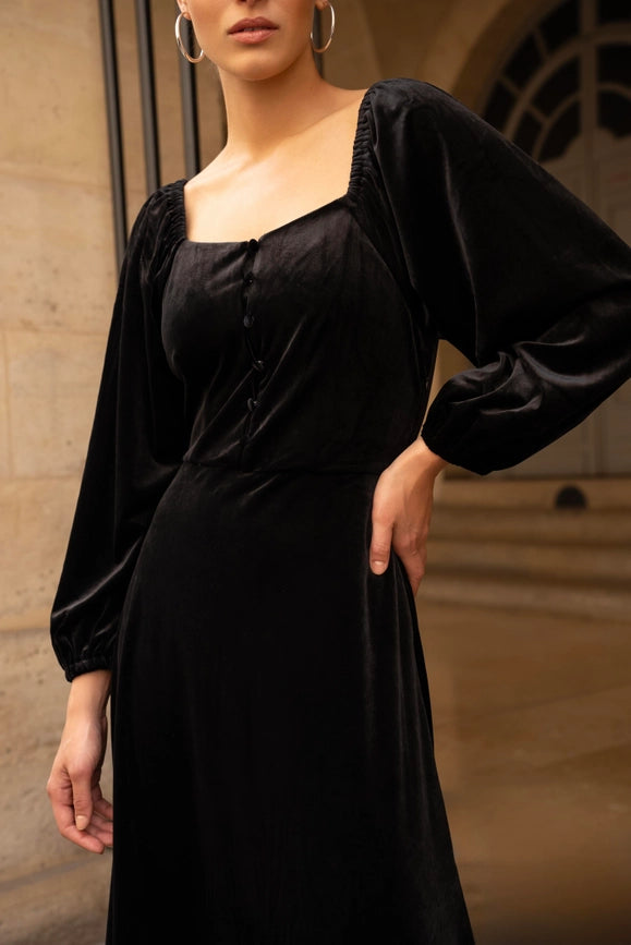 Velvet Long Dress with Puff Sleeves  Black