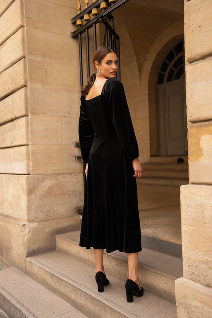 Velvet Long Dress with Puff Sleeves  Black