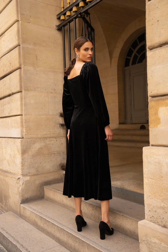 Velvet Long Dress with Puff Sleeves  Black