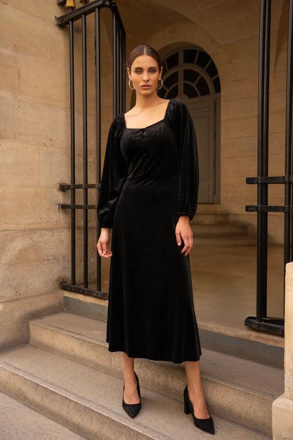 Velvet Long Dress with Puff Sleeves  Black