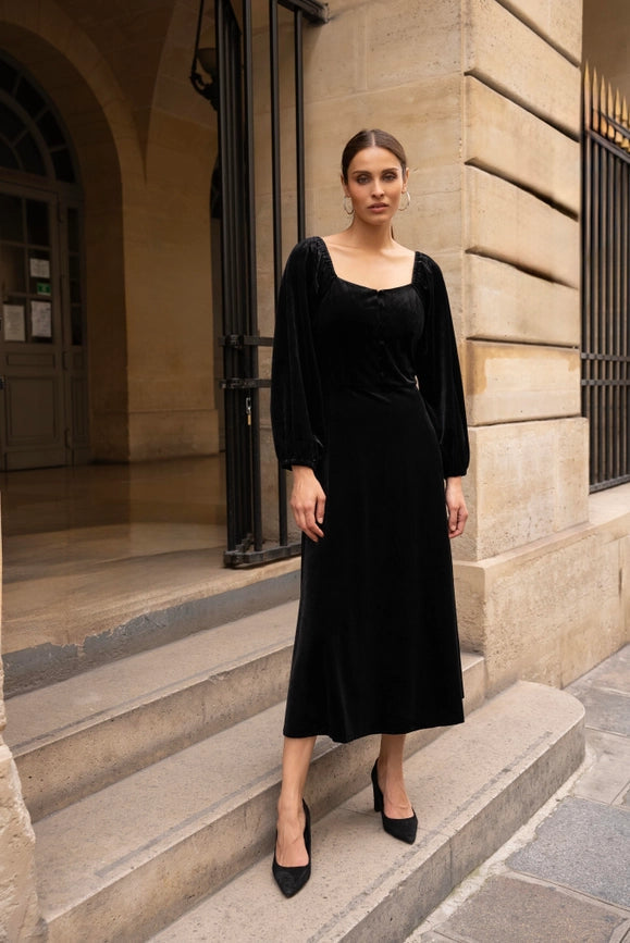 Velvet Long Dress with Puff Sleeves  Black